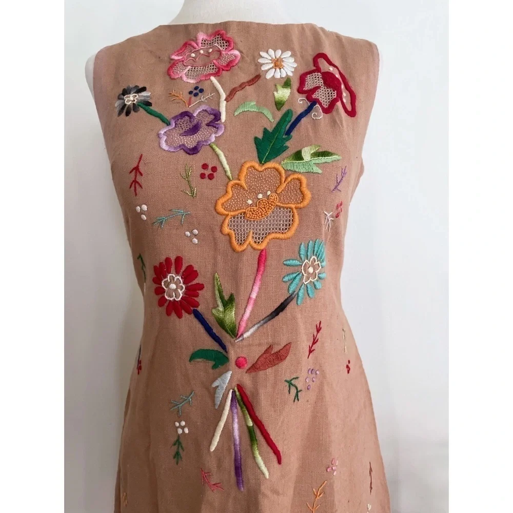 Vintage 60’s 70’s Hand Stitch Embroidery Floral Colorful Garden Sheath Tan Dress - Picture 12 of 15